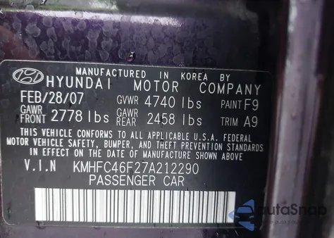 2007 Hyundai Azera Limited/Se z USA, uszkodzony, nr VIN KMHFC46F27A212290